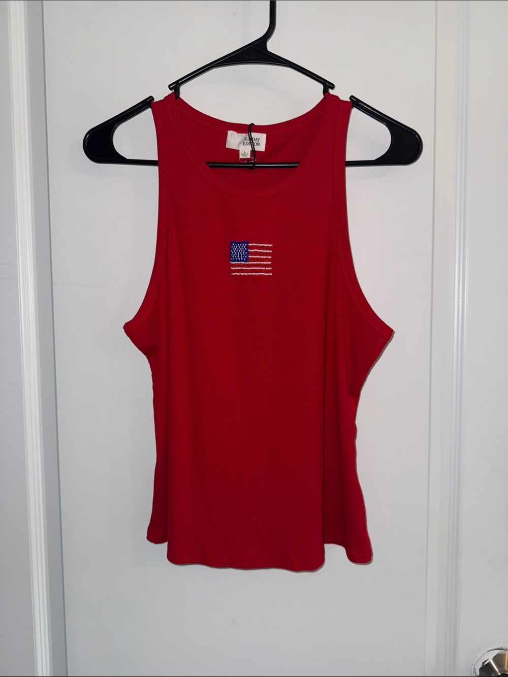 Sunday Edition Red Sleeveless Beaded Flag Tank Top -